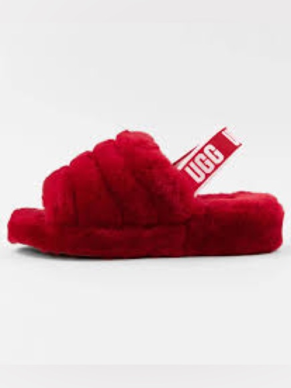 UGG Red Fuzzy Slide with Branded Heel Strap